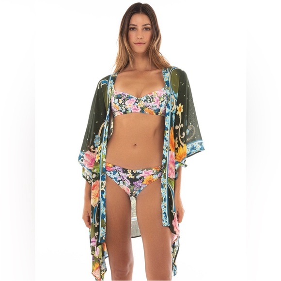 Agua Bendita Other - Agua Bendita Floral Bikini Coverup Kimono in Olive Green & Multi